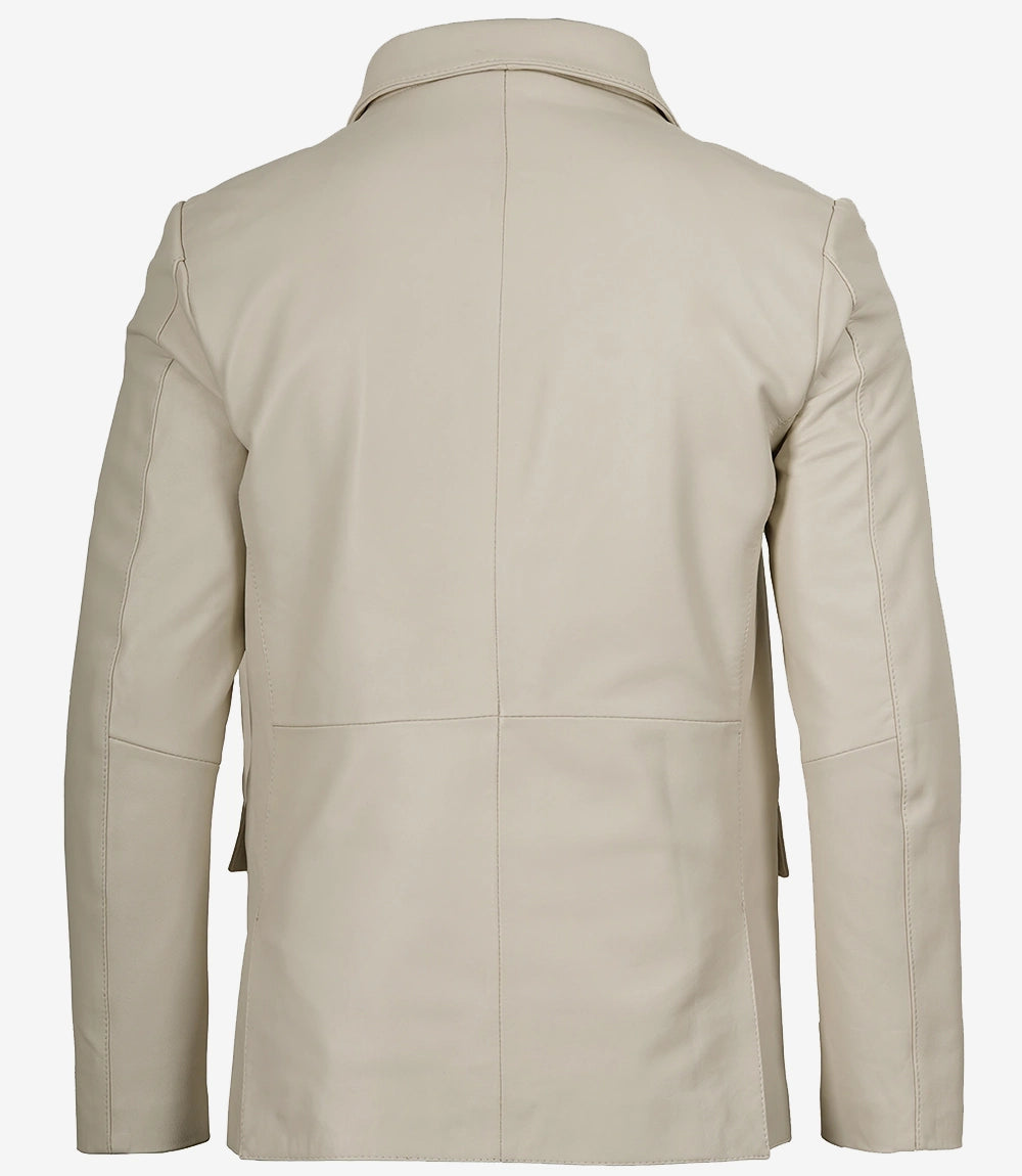 Blazer en cuir blanc cassé à deux boutons avec revers crantés pour homme