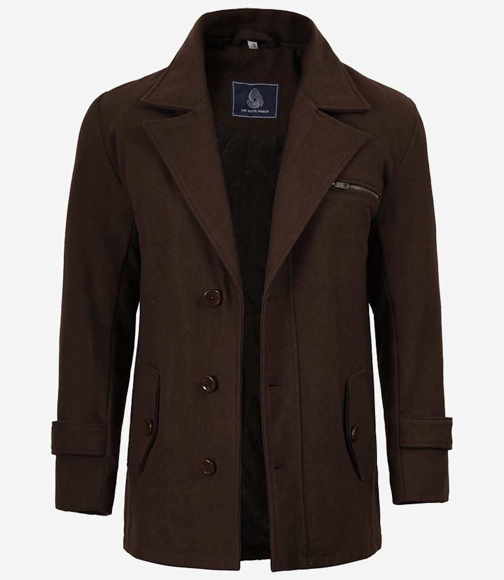 Men's Brown Wool Jacket – Removable Hood with Notch Lapel
