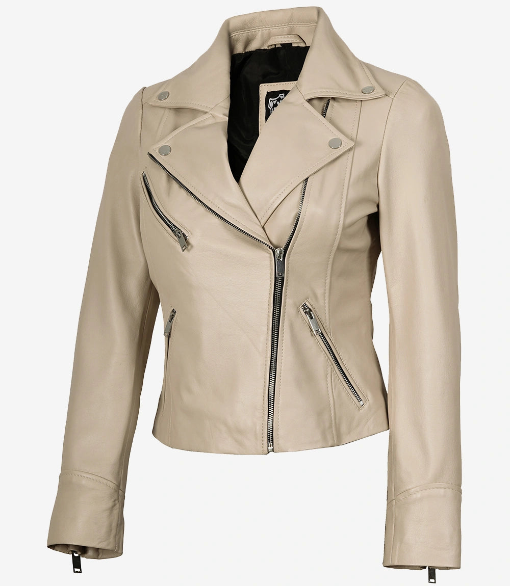 Veste de motard beige en cuir d'agneau véritable pour femme