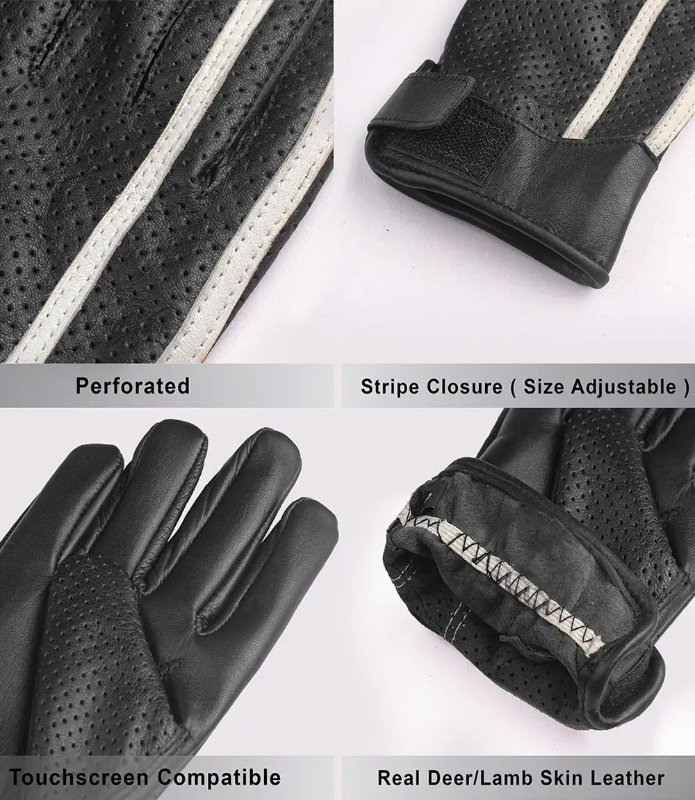 Mens White Stripe Perforated Black Leather Gloves