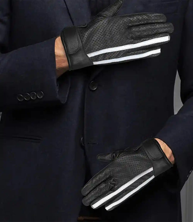 Mens White Stripe Perforated Black Leather Gloves