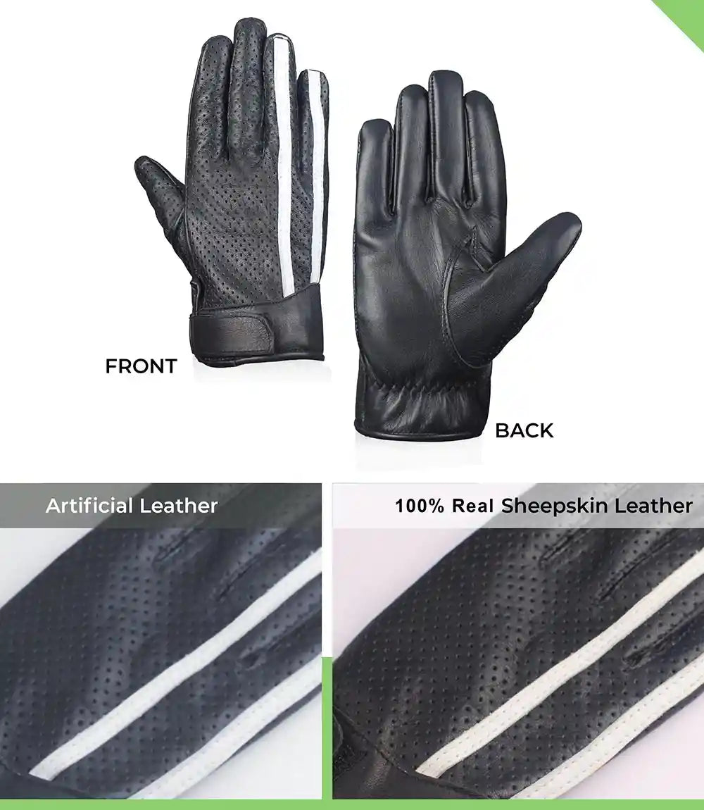 Mens White Stripe Perforated Black Leather Gloves