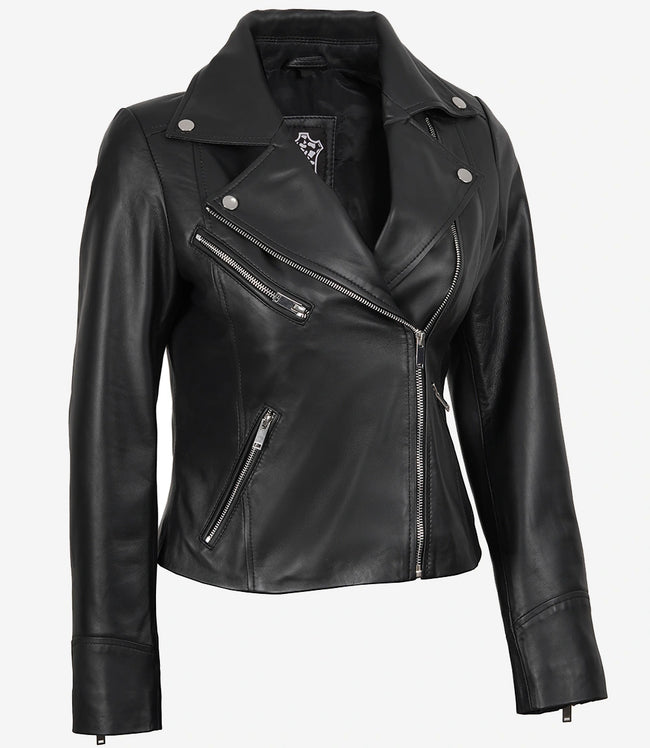 Veste motard asymétrique en cuir noir pour femme Rita