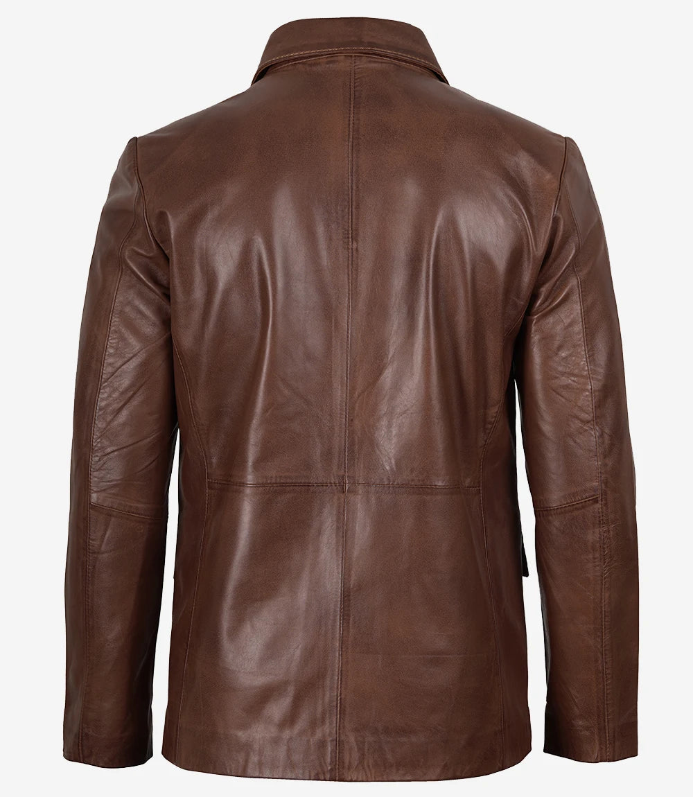 Blazer homme en cuir ciré cognac à deux boutons – Revers cranté