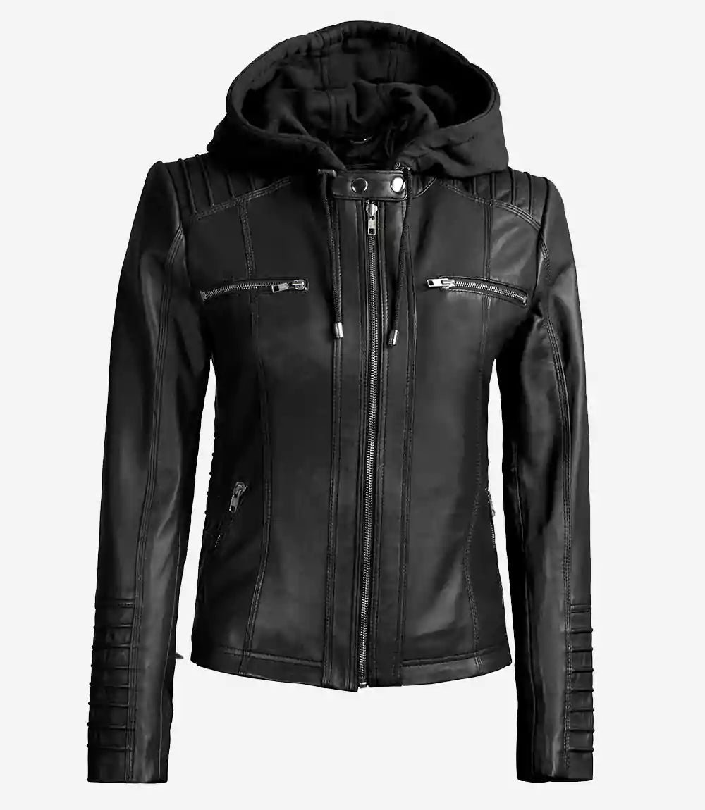 Womens Black Leather Jacket With Hood