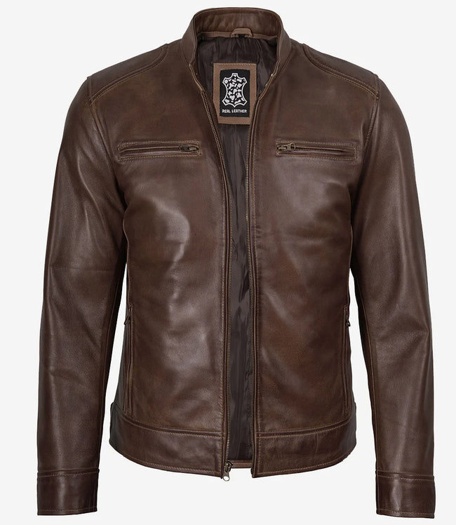 Veste en cuir ciré marron chocolat style motard pour homme Dodge