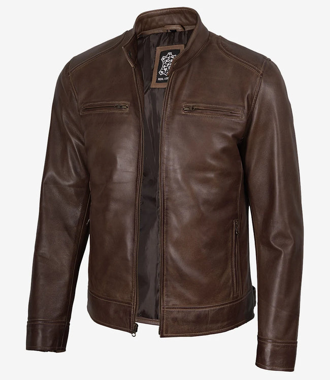 Veste en cuir ciré marron chocolat style motard pour homme Dodge