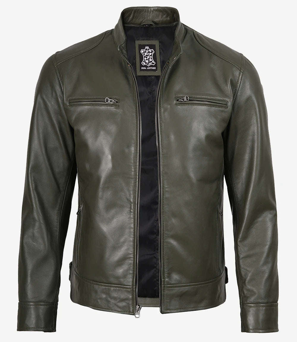 Veste en cuir style motard vert olive Dodge pour homme