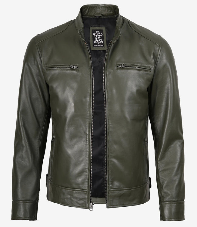 Veste en cuir style motard vert olive Dodge pour homme