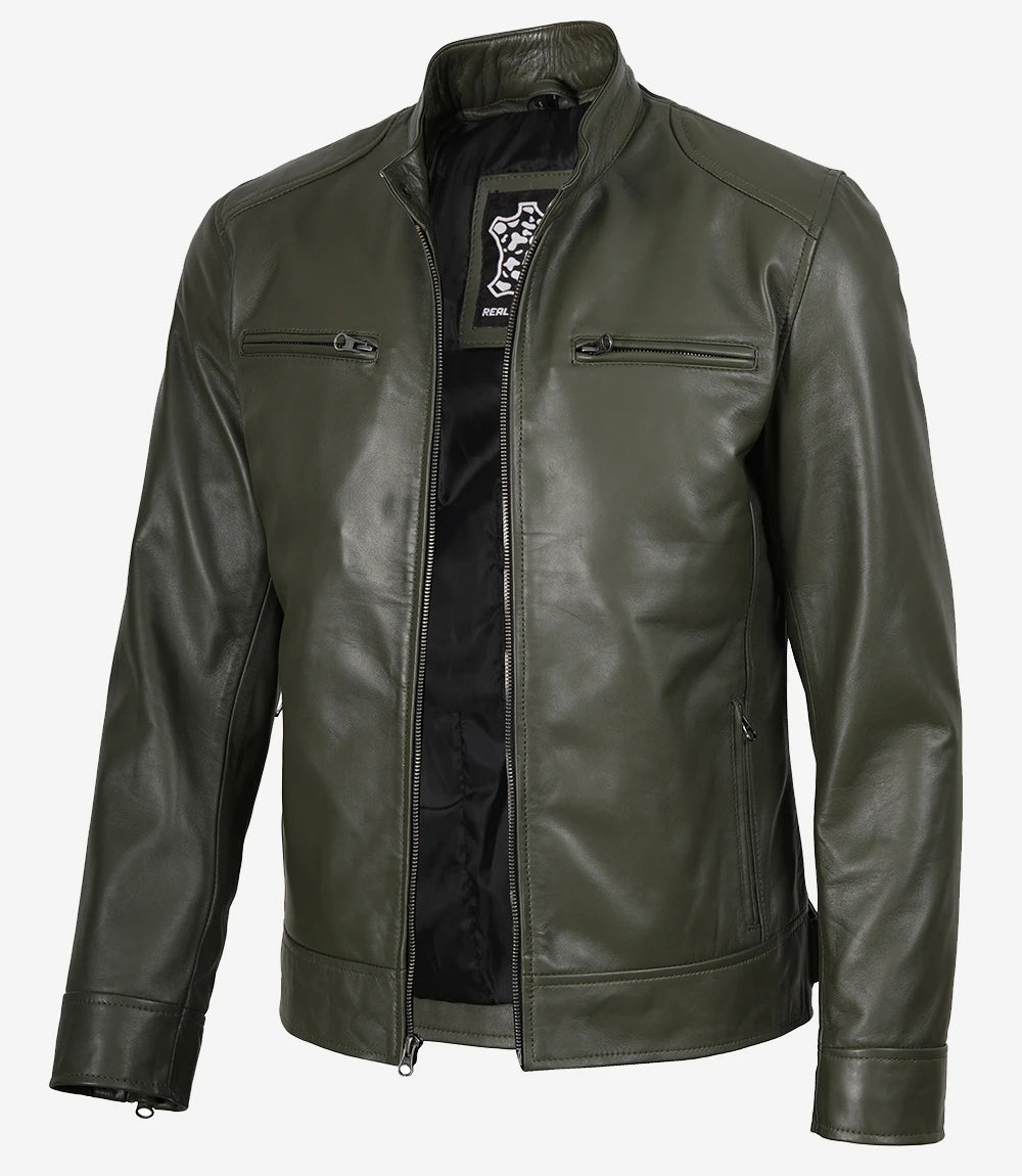 Veste en cuir style motard vert olive Dodge pour homme