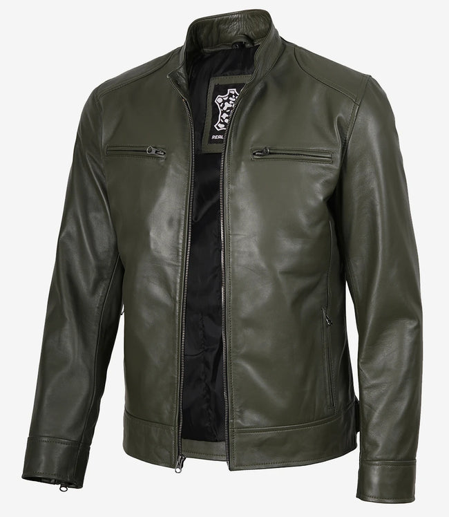 Veste en cuir style motard vert olive Dodge pour homme