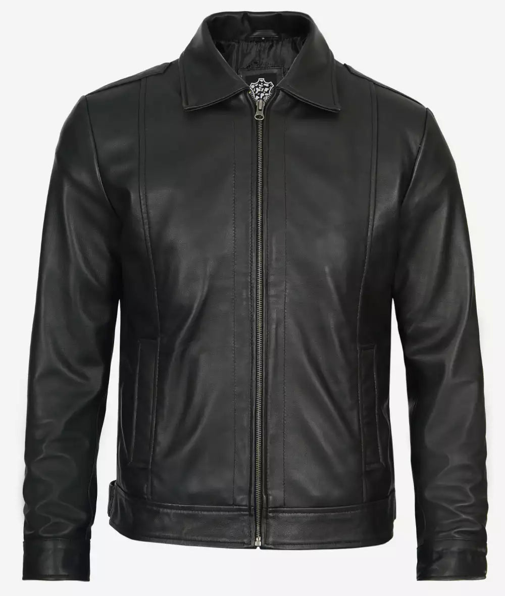 Mens Tall Shirt Collar Black Vintage Leather Jacket