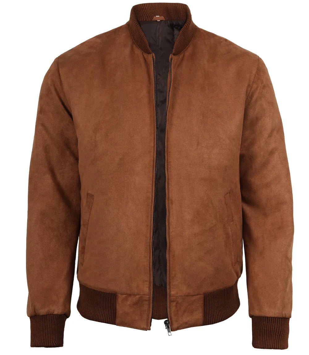 Men's Light Brown Faux Suede Bomber Jacket