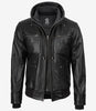 Blouson aviateur en cuir noir pour homme avec capuche amovible
