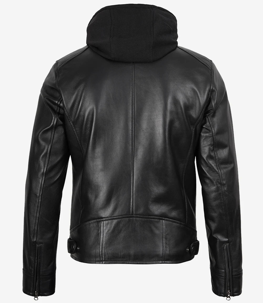 Veste en cuir noir pour homme avec capuche amovible
