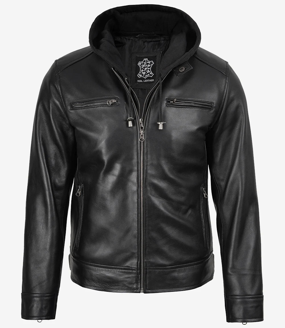 Veste en cuir noir pour homme avec capuche amovible