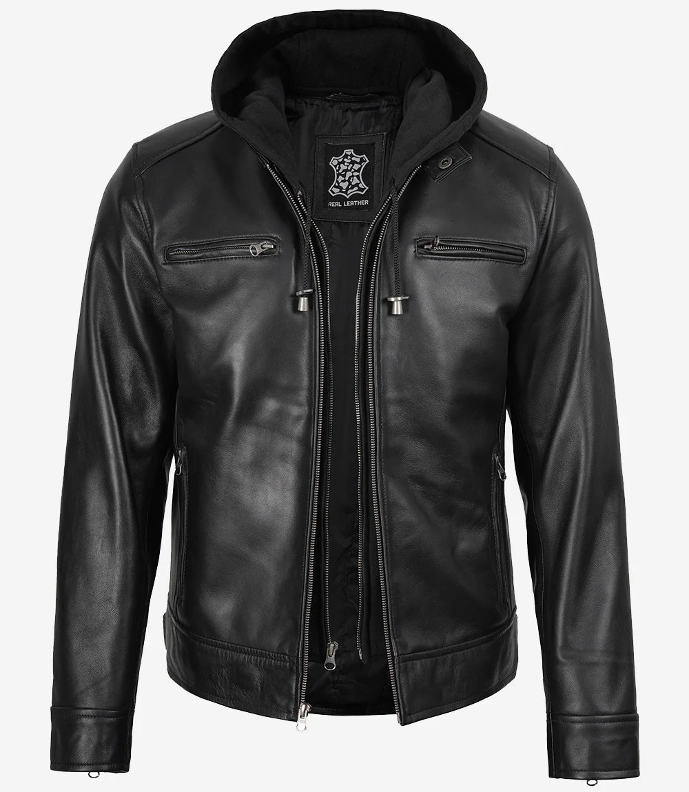 Veste en cuir noir pour homme avec capuche amovible