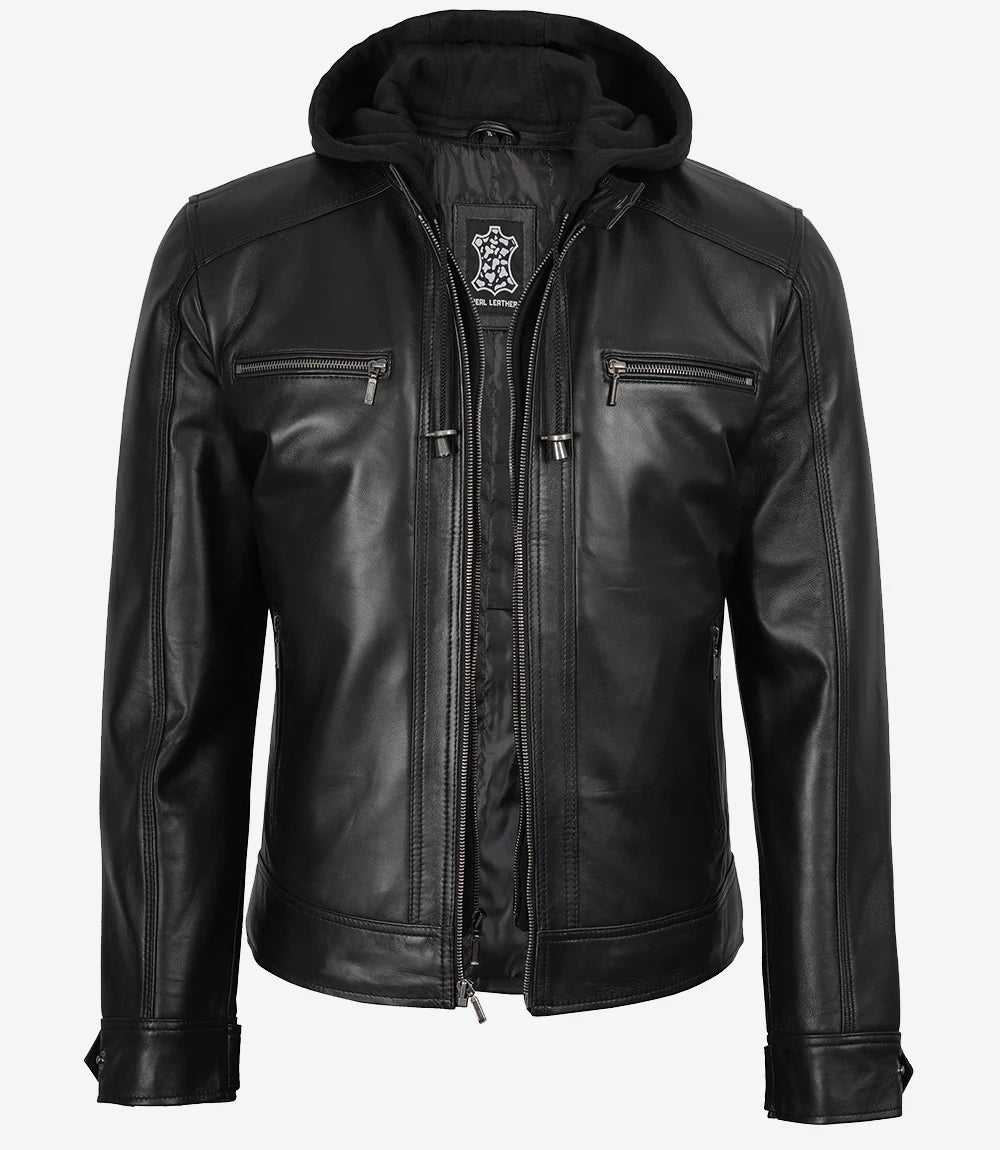 Veste en cuir noir pour homme avec capuche amovible