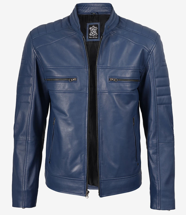 Veste en cuir bleu style motard pour homme