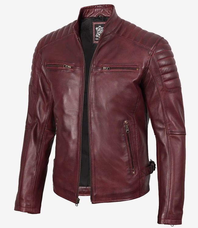 Veste en cuir style motard bordeaux pour homme