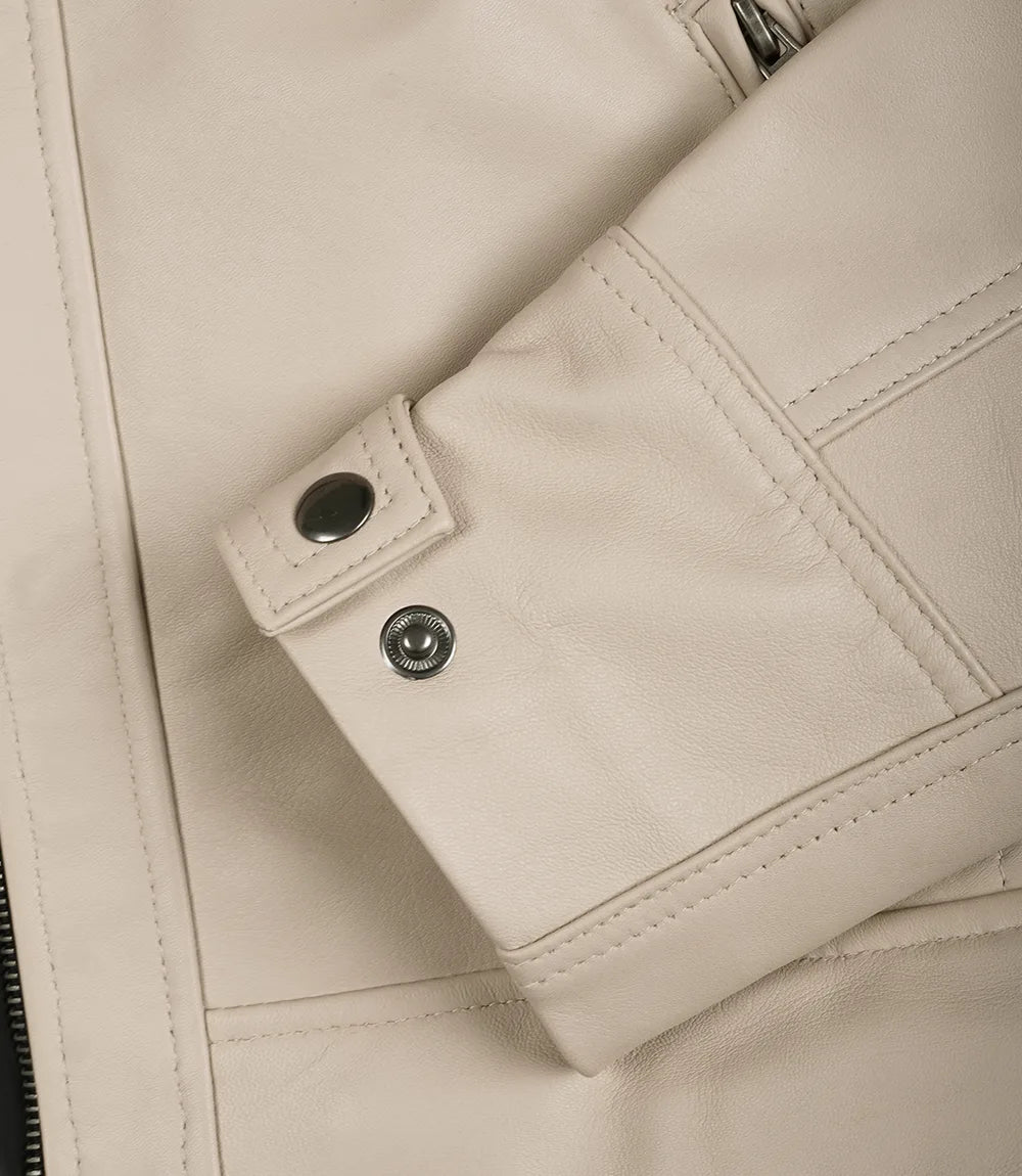 Veste en cuir beige style motard pour homme - Épaules matelassées
