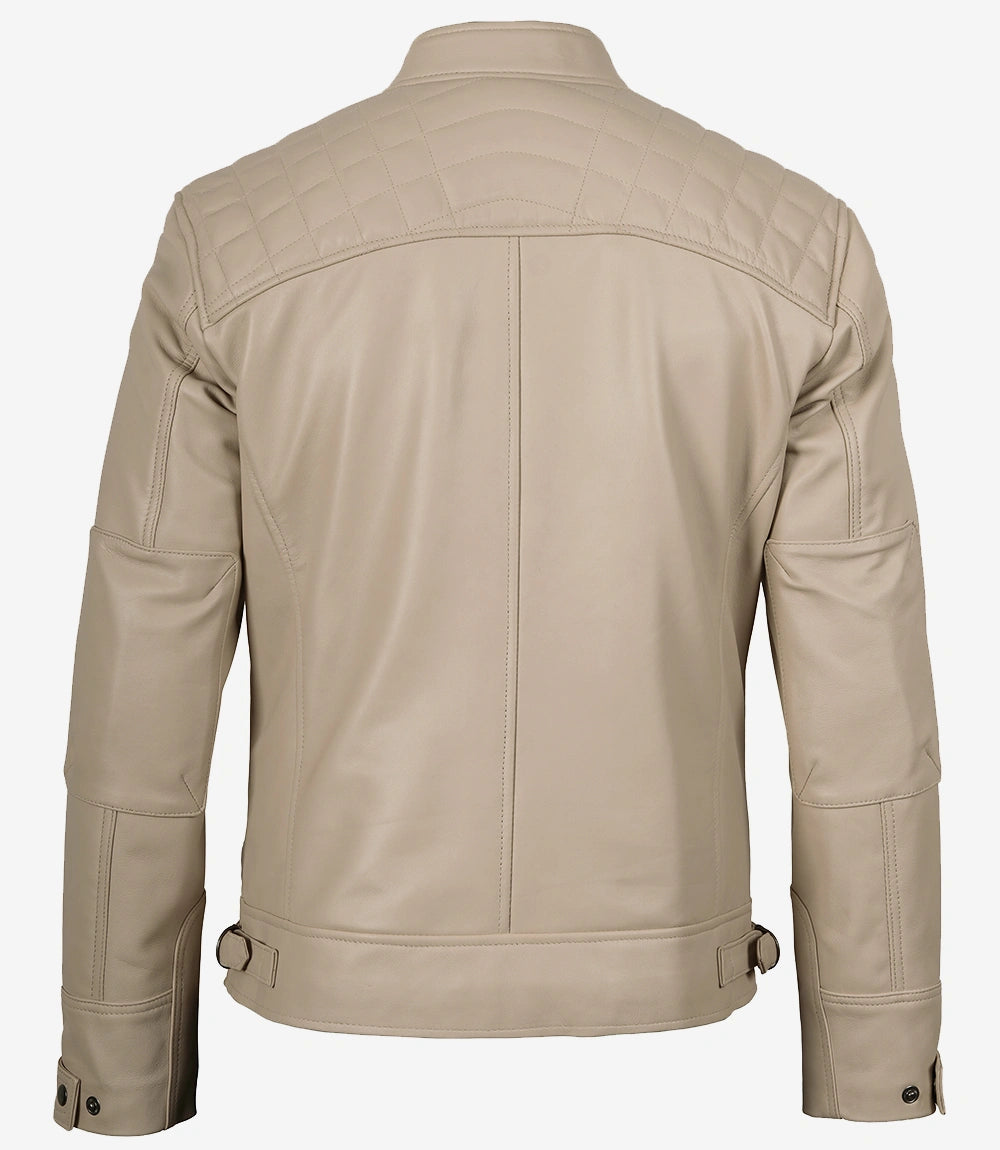 Veste en cuir beige style motard pour homme - Épaules matelassées