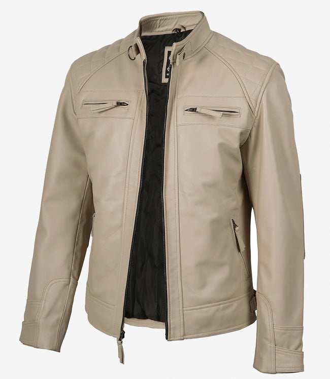 Veste en cuir beige style motard pour homme - Épaules matelassées