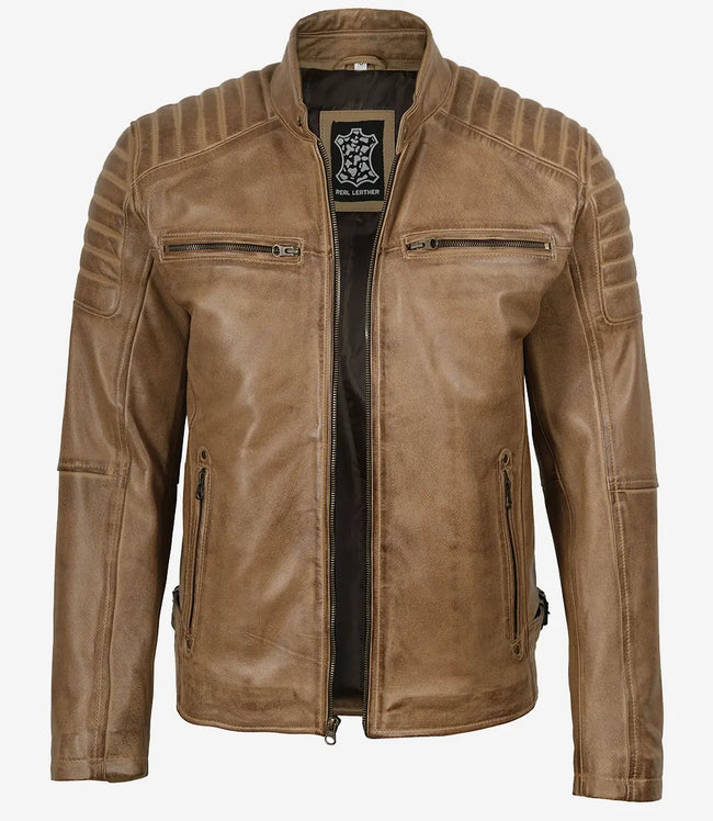 Veste en cuir style motard marron camel pour homme