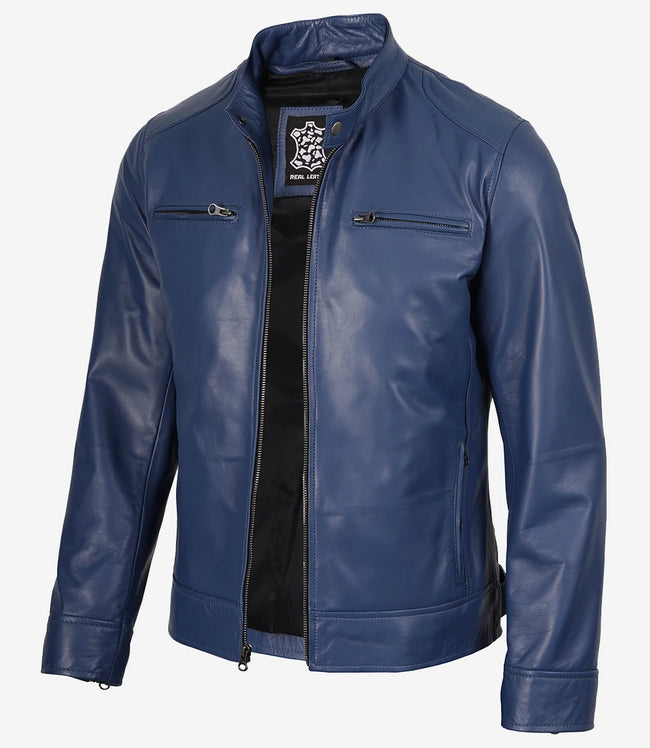 Veste en cuir bleu classique style motard pour homme