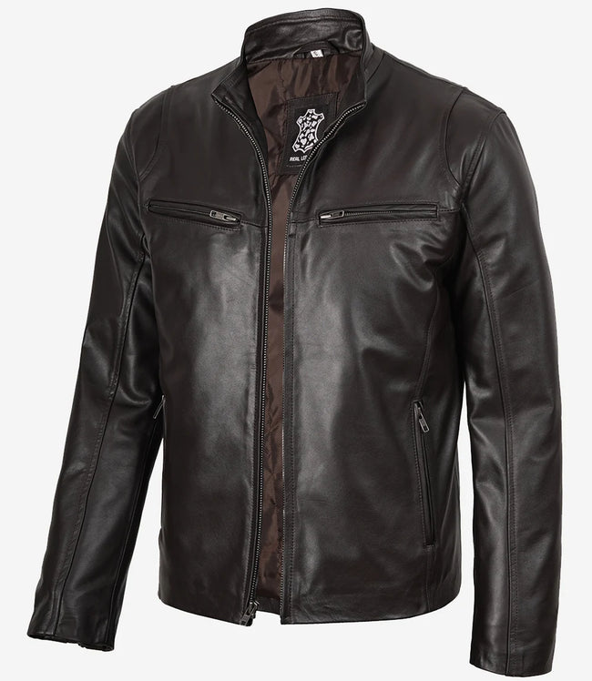Veste en cuir classique marron foncé style motard pour homme