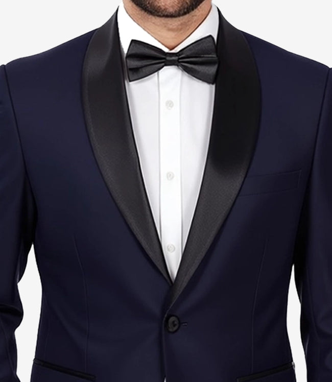Smoking bleu foncé à revers châle pour homme – Smoking de bal moderne à un seul bouton