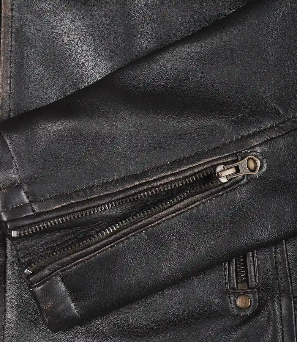 Veste en cuir marron vieilli style motard pour homme