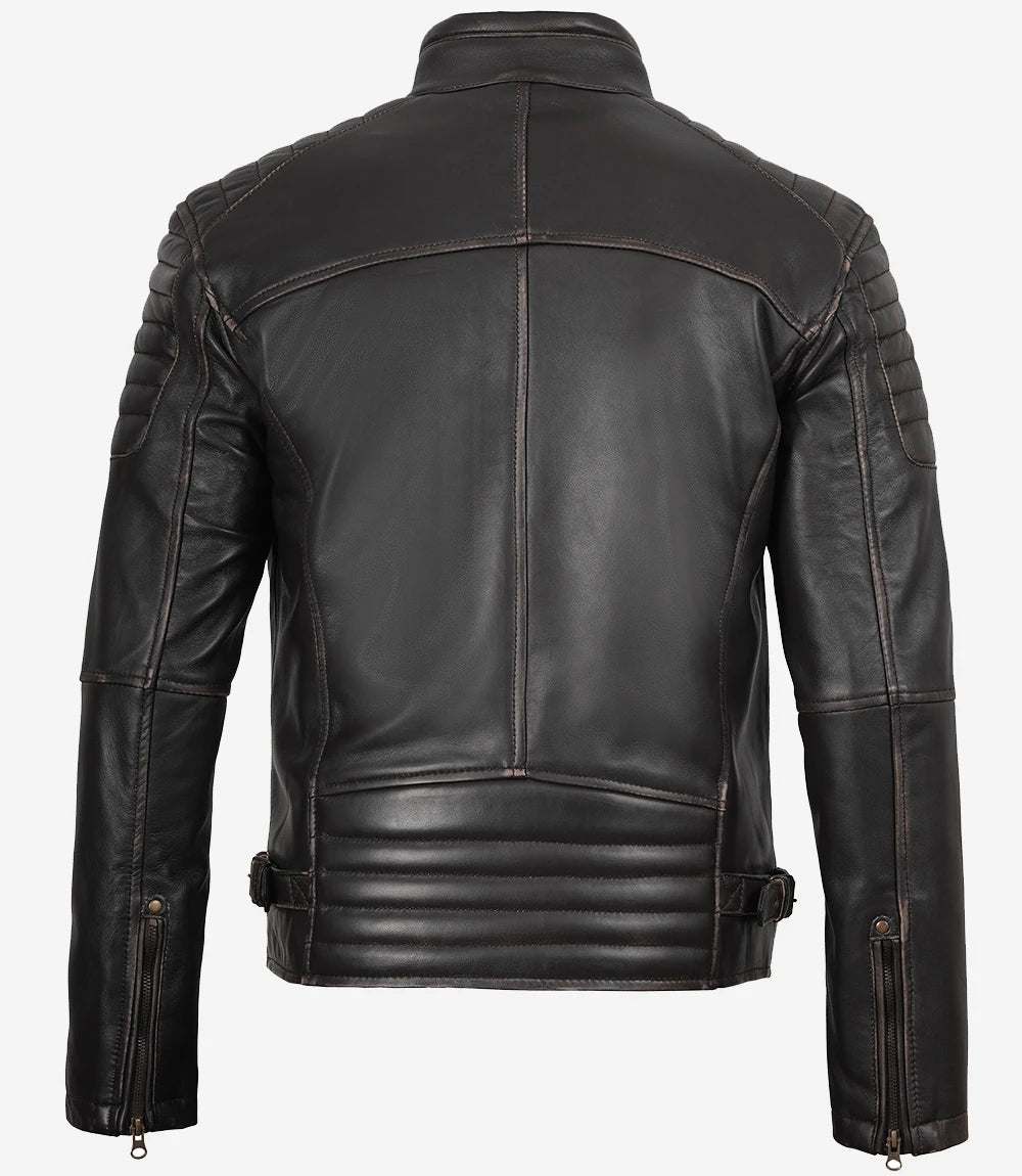 Veste en cuir marron vieilli style motard pour homme