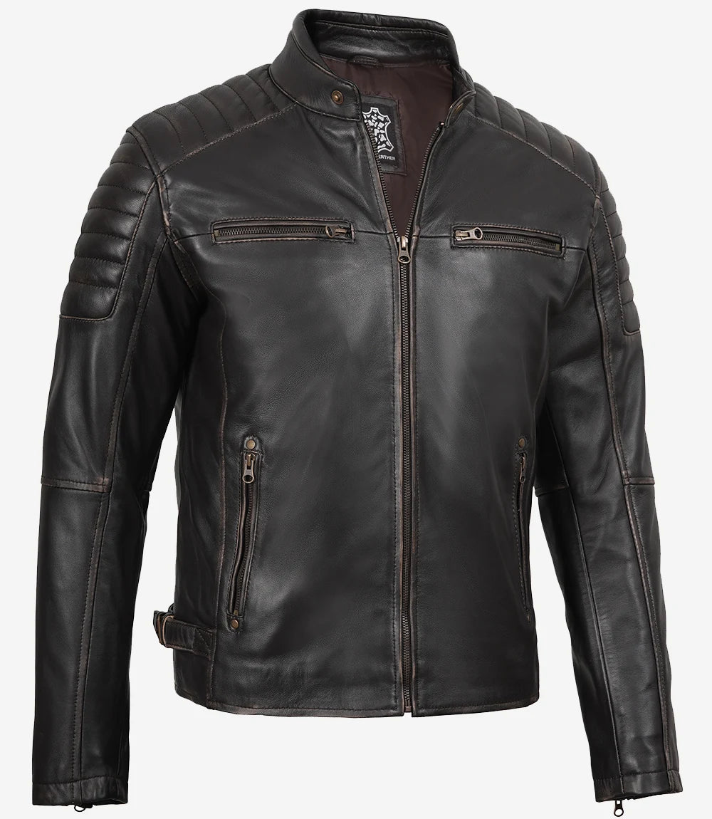 Veste en cuir marron vieilli style motard pour homme