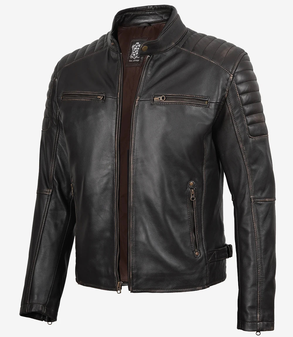 Veste en cuir marron vieilli style motard pour homme