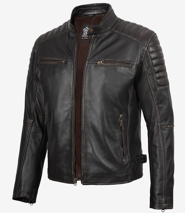 Veste en cuir marron vieilli style motard pour homme