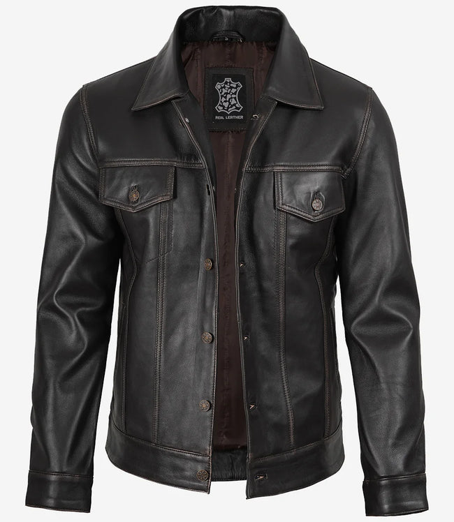 Veste de camionneur en cuir marron vieilli pour homme