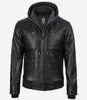 Blouson aviateur en cuir noir pour homme avec capuche amovible