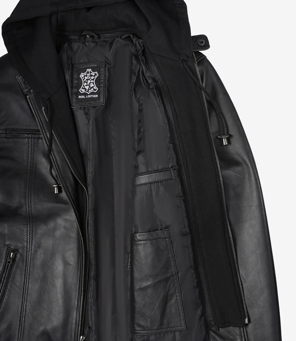 Veste en cuir noir pour homme avec capuche amovible