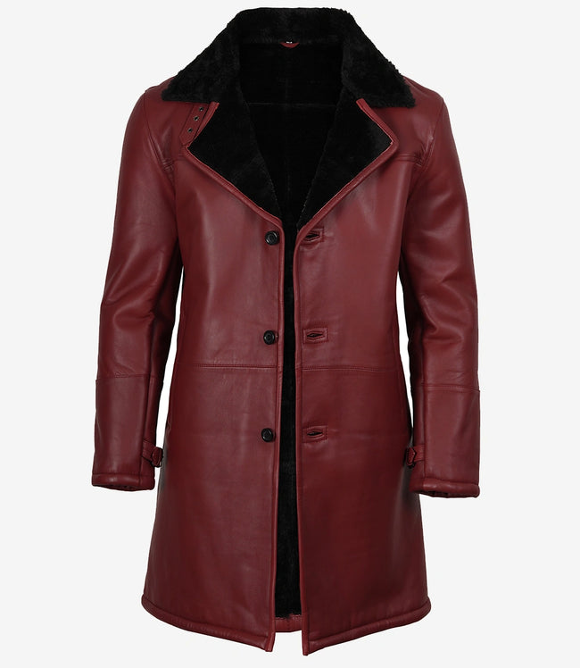Manteau en cuir marron pour homme avec peau lainée noire
