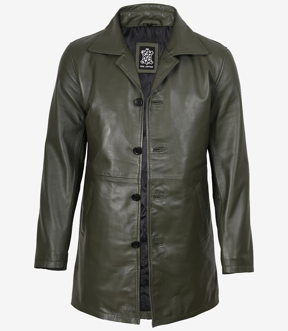 Manteau 3/4 en cuir vert olive pour homme