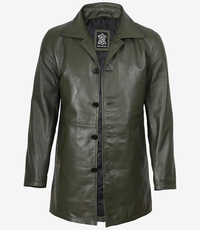 Manteau 3/4 en cuir vert olive pour homme