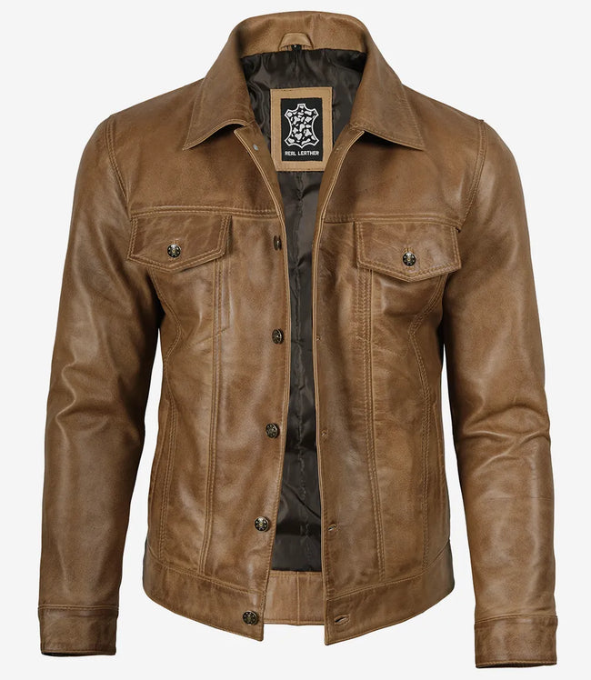 Veste de camionneur en cuir véritable marron camel pour homme