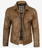 Veste de camionneur en cuir véritable marron camel pour homme