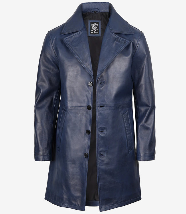 Manteau bleu 3/4 en cuir véritable pour homme