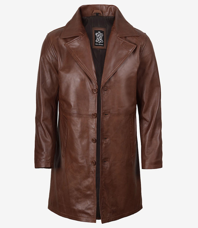 Manteau 3/4 en cuir véritable pour homme, couleur cognac