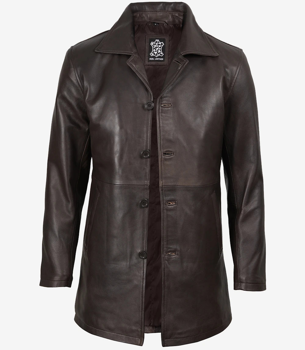 Manteau 3/4 en cuir véritable marron vieilli pour homme