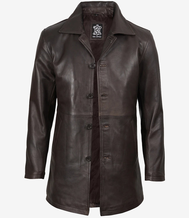 Manteau 3/4 en cuir véritable marron vieilli pour homme