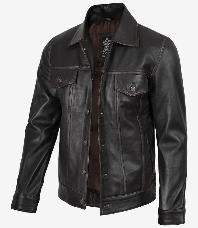 Veste de camionneur en cuir marron vieilli pour homme