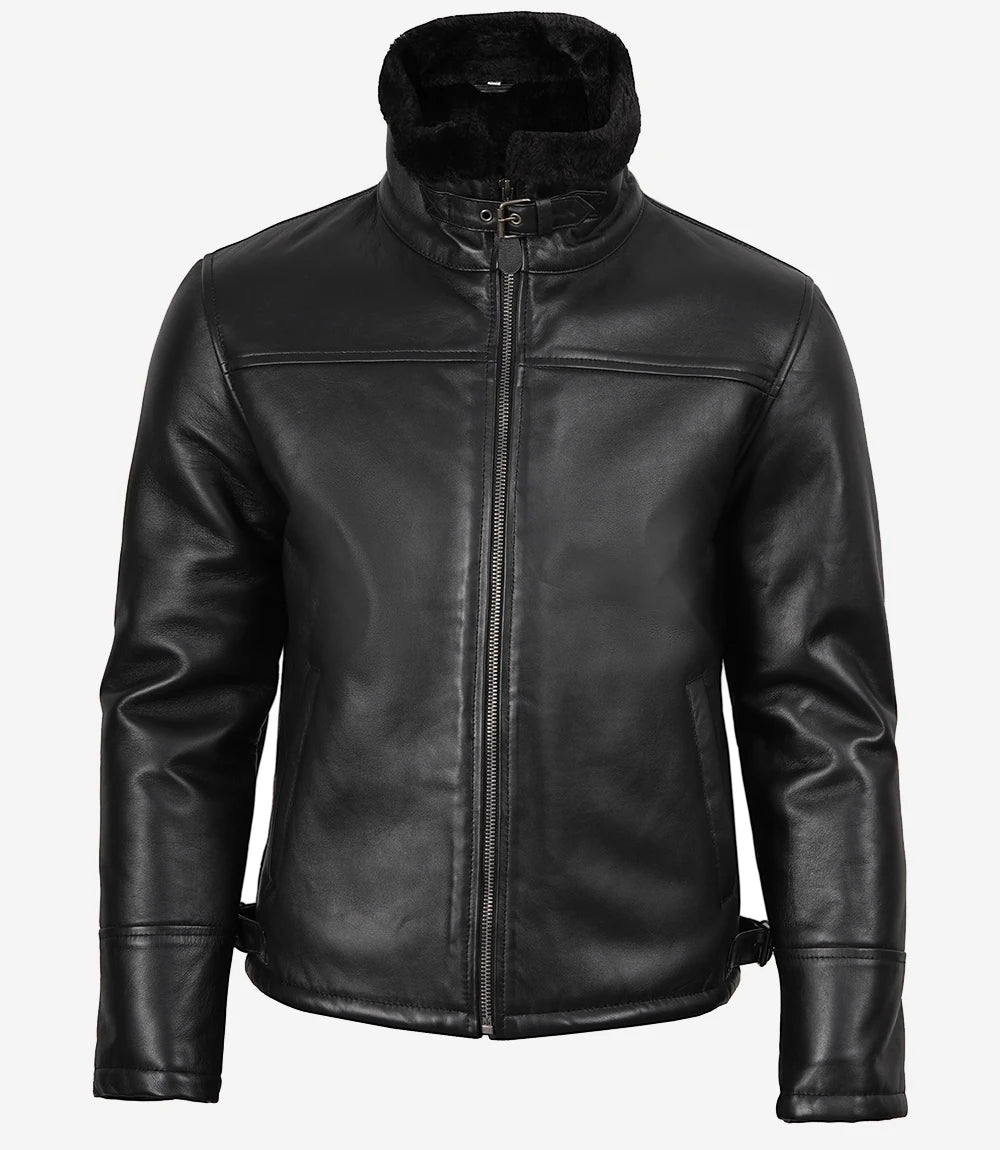 Blouson aviateur B3 en cuir et peau lainée noire pour homme